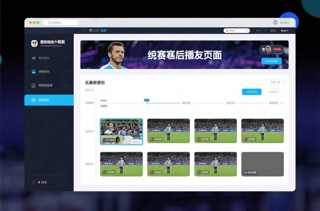 比赛结束后，电视屏幕展示集锦回放页面，旁边有时间轴和多角度切换提示